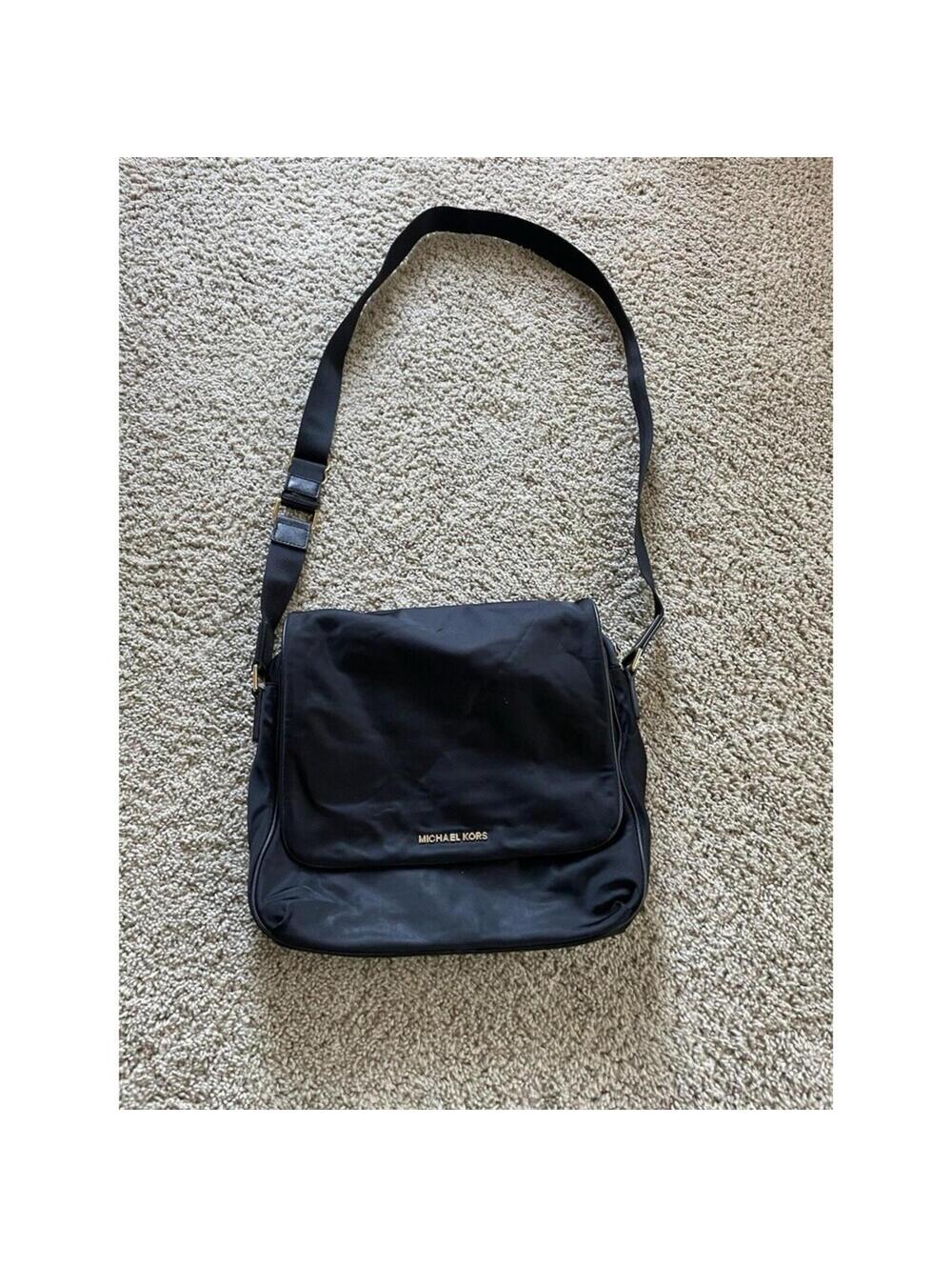 Michael Kors Nylon Flap Messenger Bag Crossbody Purse Black MK Logo Adjustable